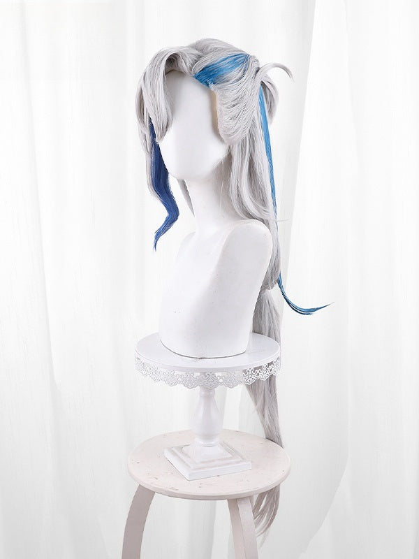 Genshin Impact Neuvillette Silver Gray with Blue Highlights Cosplay Wig