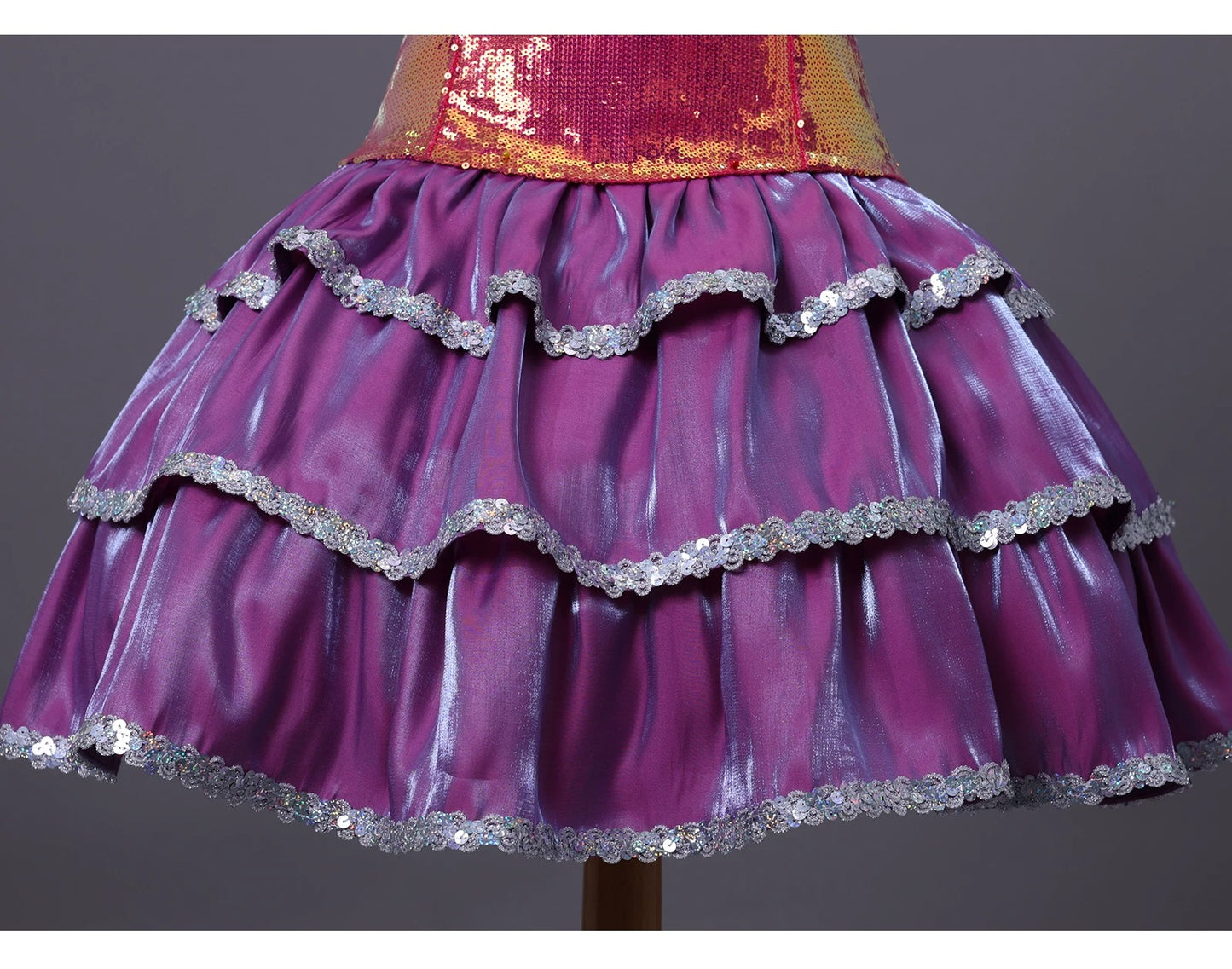 Detail view of Barbie fashion dress cosplay costume with pink layered skirt