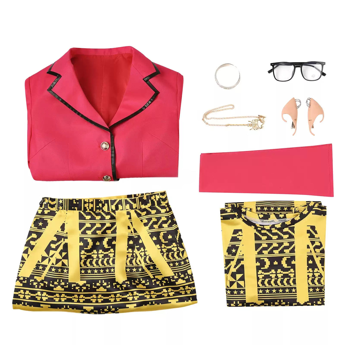 Flat lay of the pink blazer, gold and black patterned dress and coordinating cosplay accessories