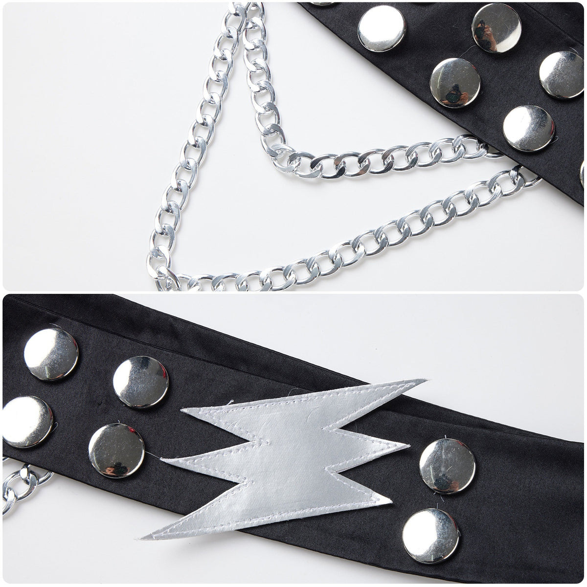 Black studded cosplay belt with a silver-tone lightning detail and hanging chains