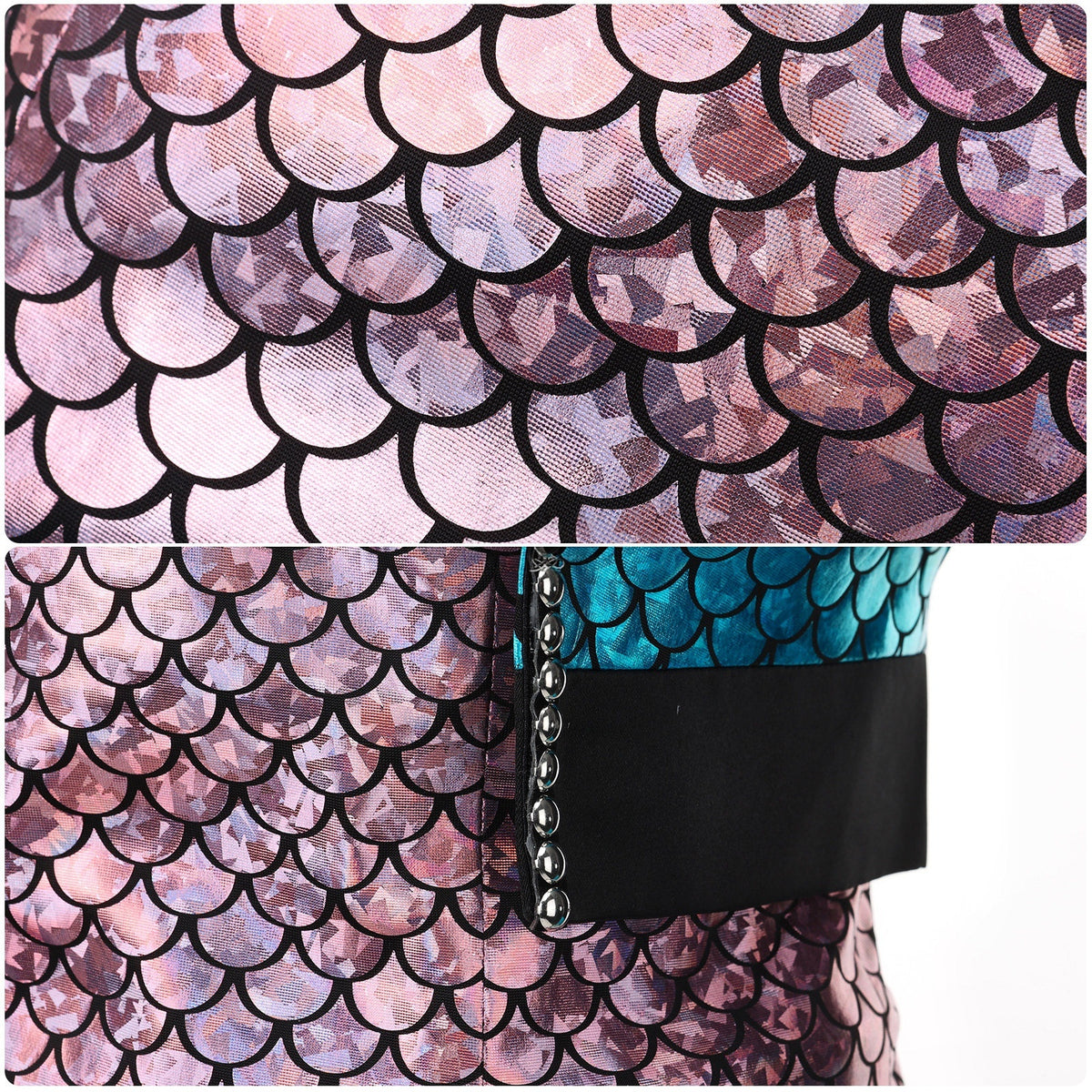 Close-up of the pink and black scale-print fabric on a Lagoona Blue cosplay top