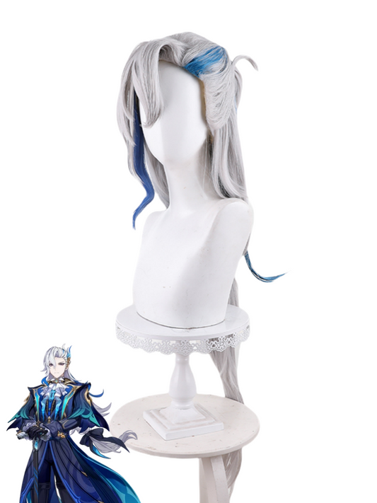 Genshin Impact Neuvillette perruque cosplay gris argenté avec reflets bleus