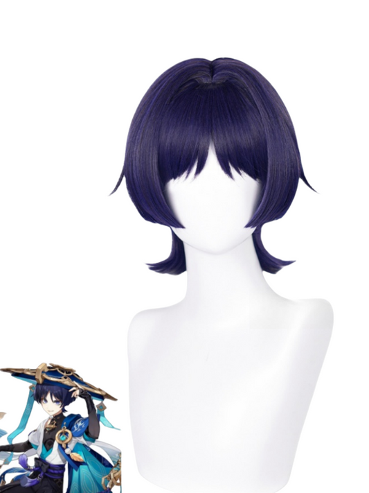 Genshin Impact Scaramouche Wanderer Bleu avec reflets violets Perruque de cosplay