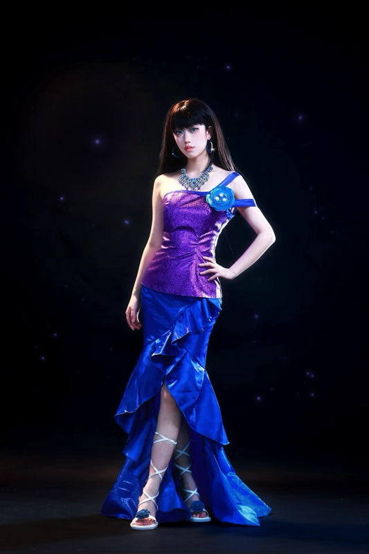 Barbie A Fairy Secret Raquelle cosplay costume with purple bodice and blue layered skirt