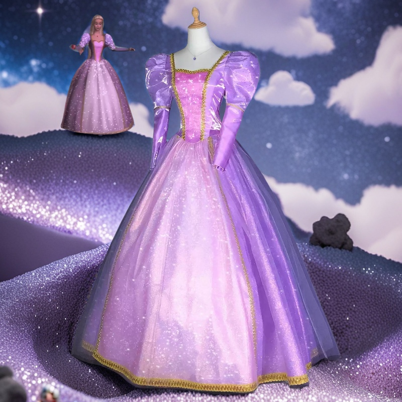 Barbie as Rapunzel purple princess dress cosplay costume with a full-length skirt