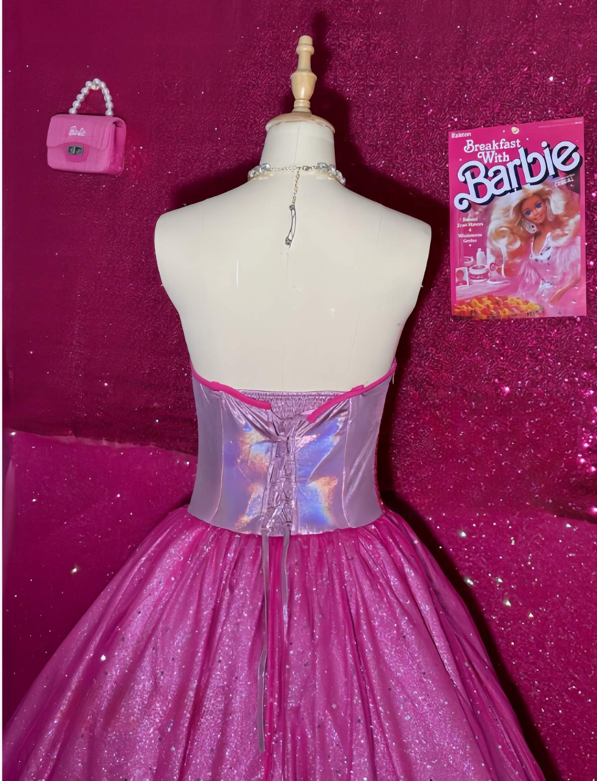 Back view of the Barbie Fashion Fairytale pink cosplay dress