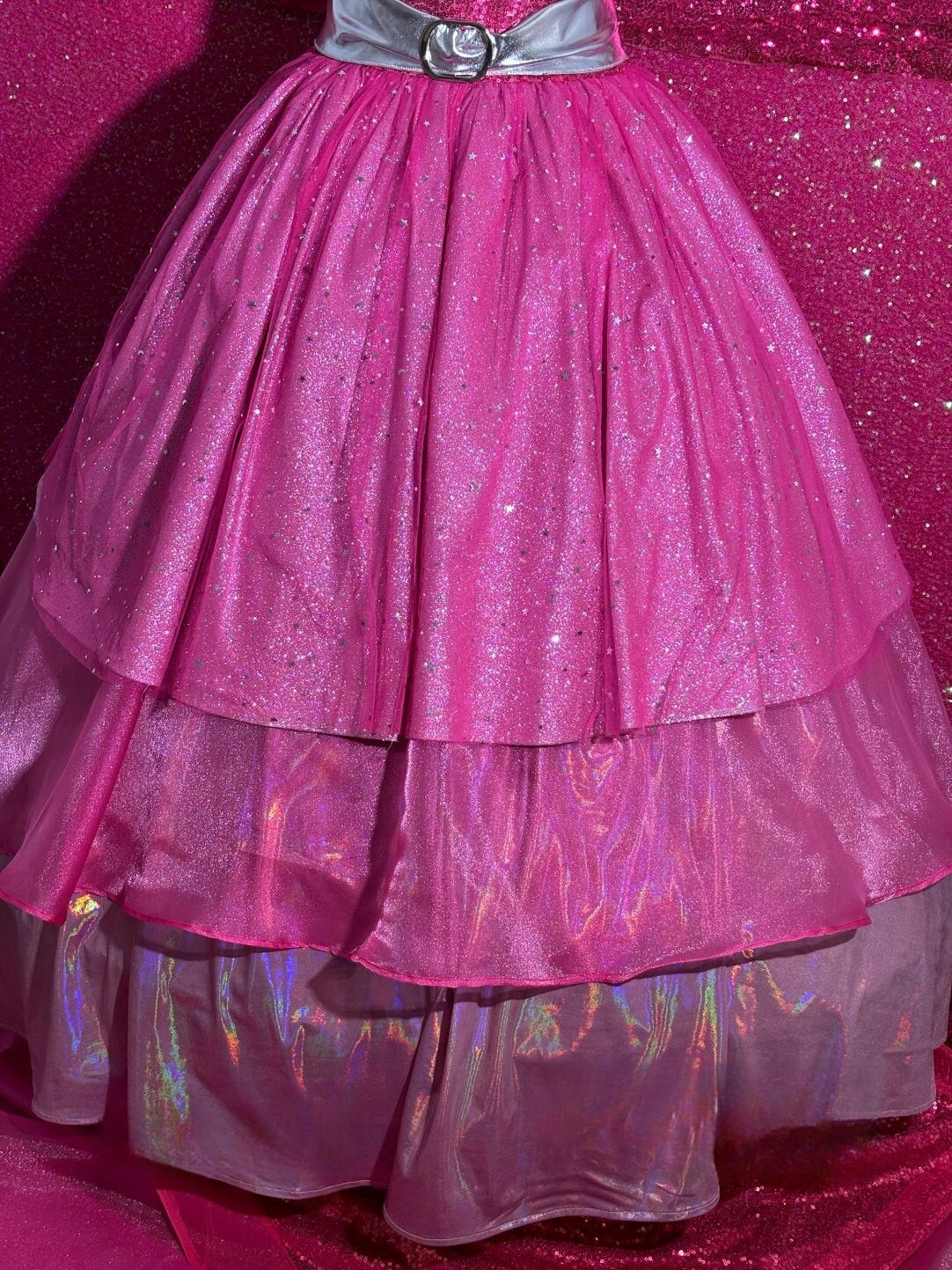 Close-up of the layered pink skirt on the Barbie Fashion Fairytale cosplay dress