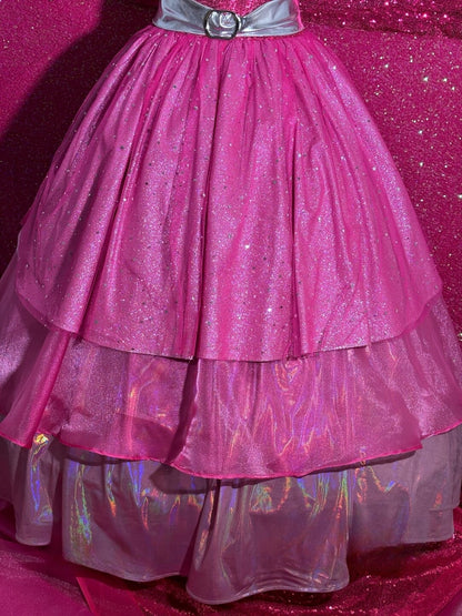 Close-up of the layered pink skirt on the Barbie Fashion Fairytale cosplay dress