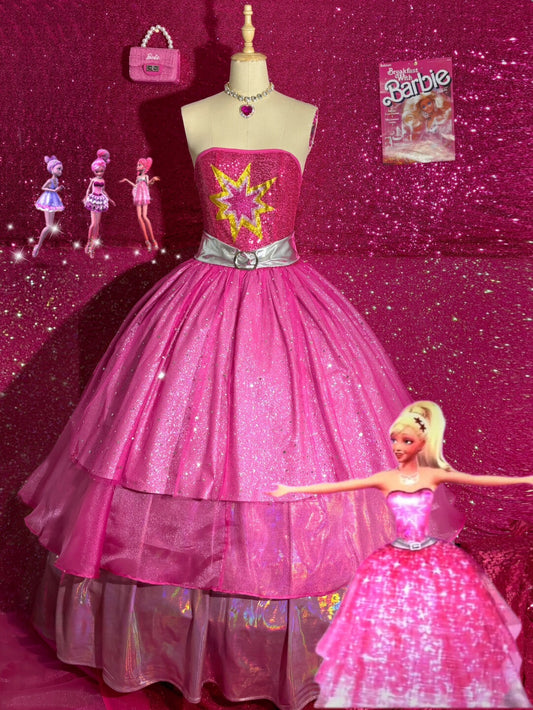 Barbie A Fashion Fairytale pink dress cosplay costume with layered sparkling skirt
