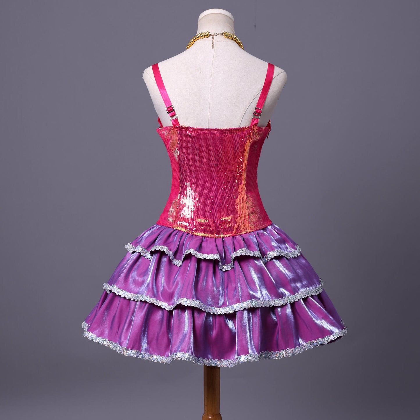 Barbie Life in the Dreamhouse costume back view with layered pink and purple skirt design