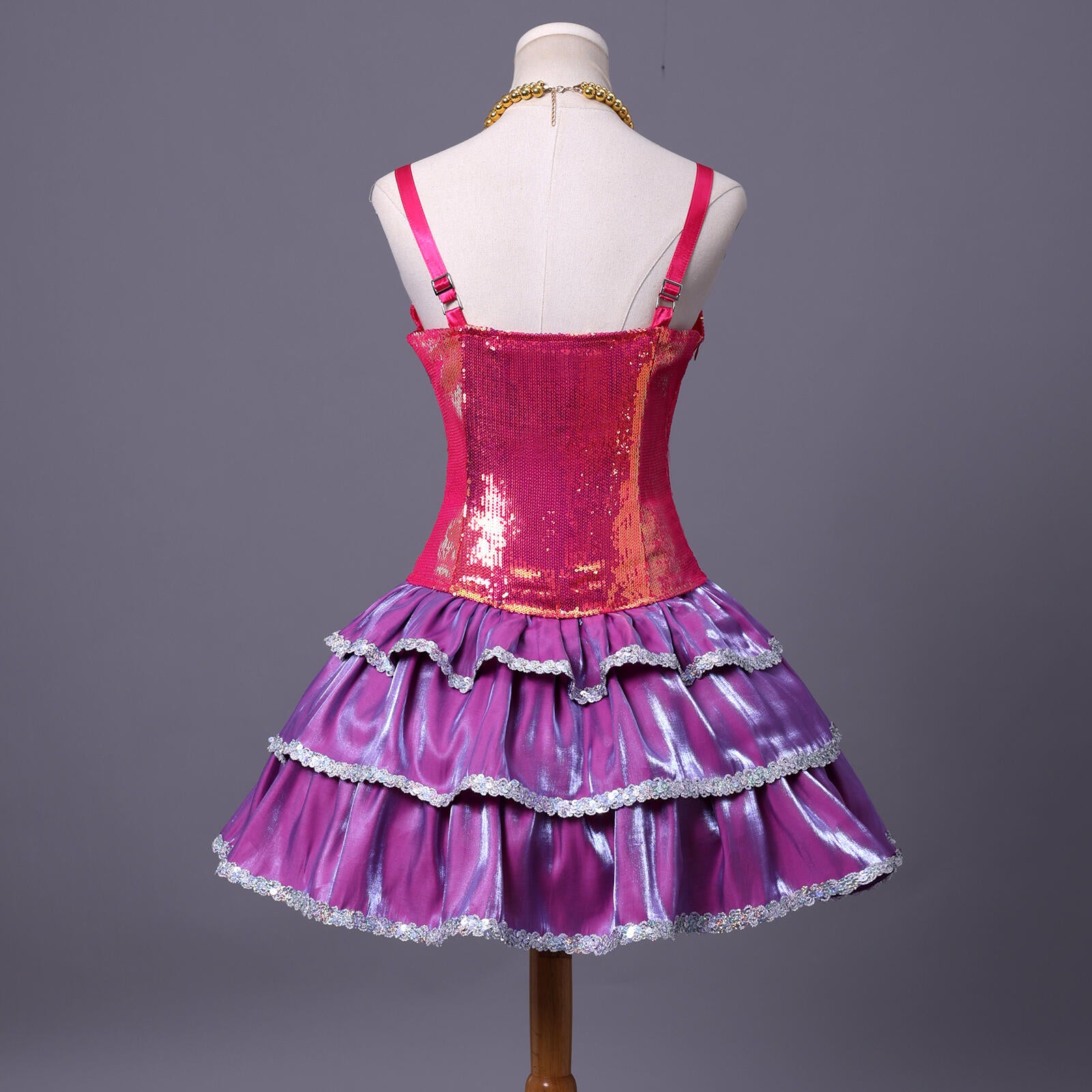 Barbie Life in the Dreamhouse costume back view with layered pink and purple skirt design