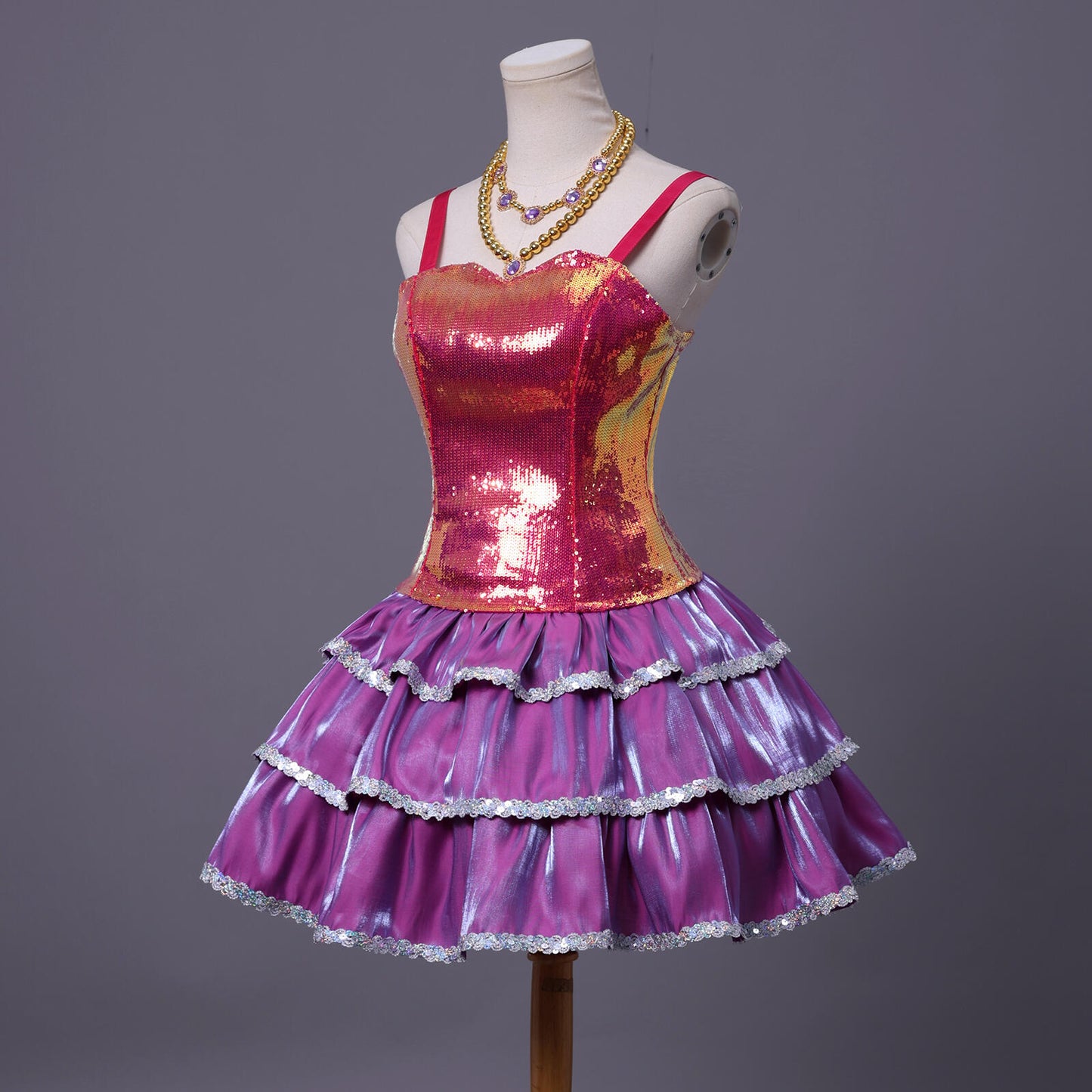 Barbie Life in the Dreamhouse costume side view with layered pink and purple skirt design