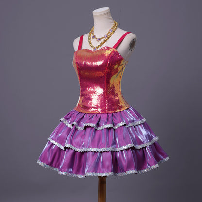 Barbie Life in the Dreamhouse costume side view with layered pink and purple skirt design