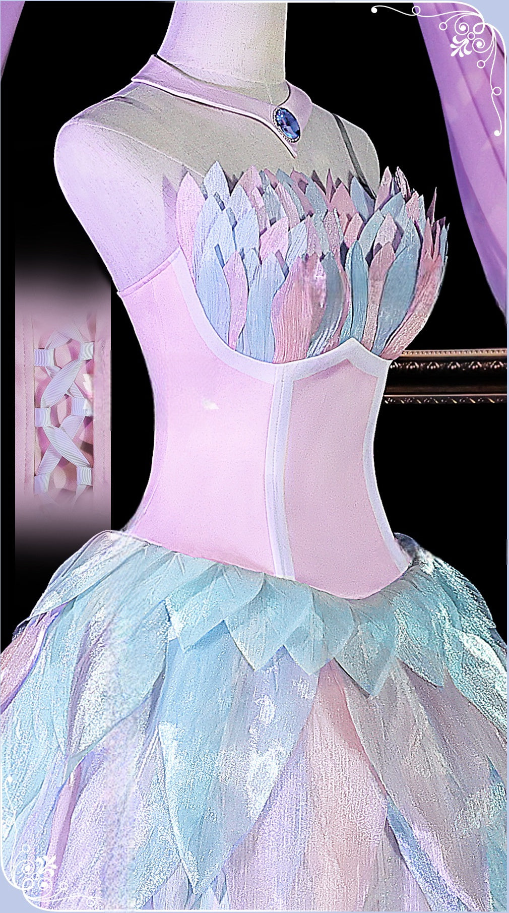 Close up of Barbie Odette cosplay dress bodice with sparkling crystal decoration