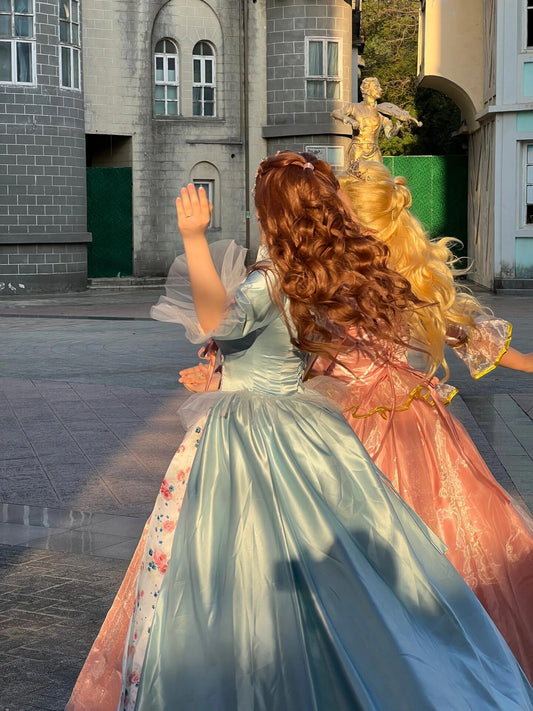Barbie The Princess and the Pauper cosplay costume featuring Princess Anneliese pink dress and Erika blue dress