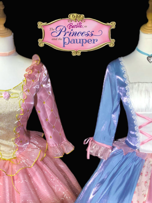 Barbie The Princess and the Pauper cosplay costume featuring Princess Anneliese pink dress and Erika blue dress