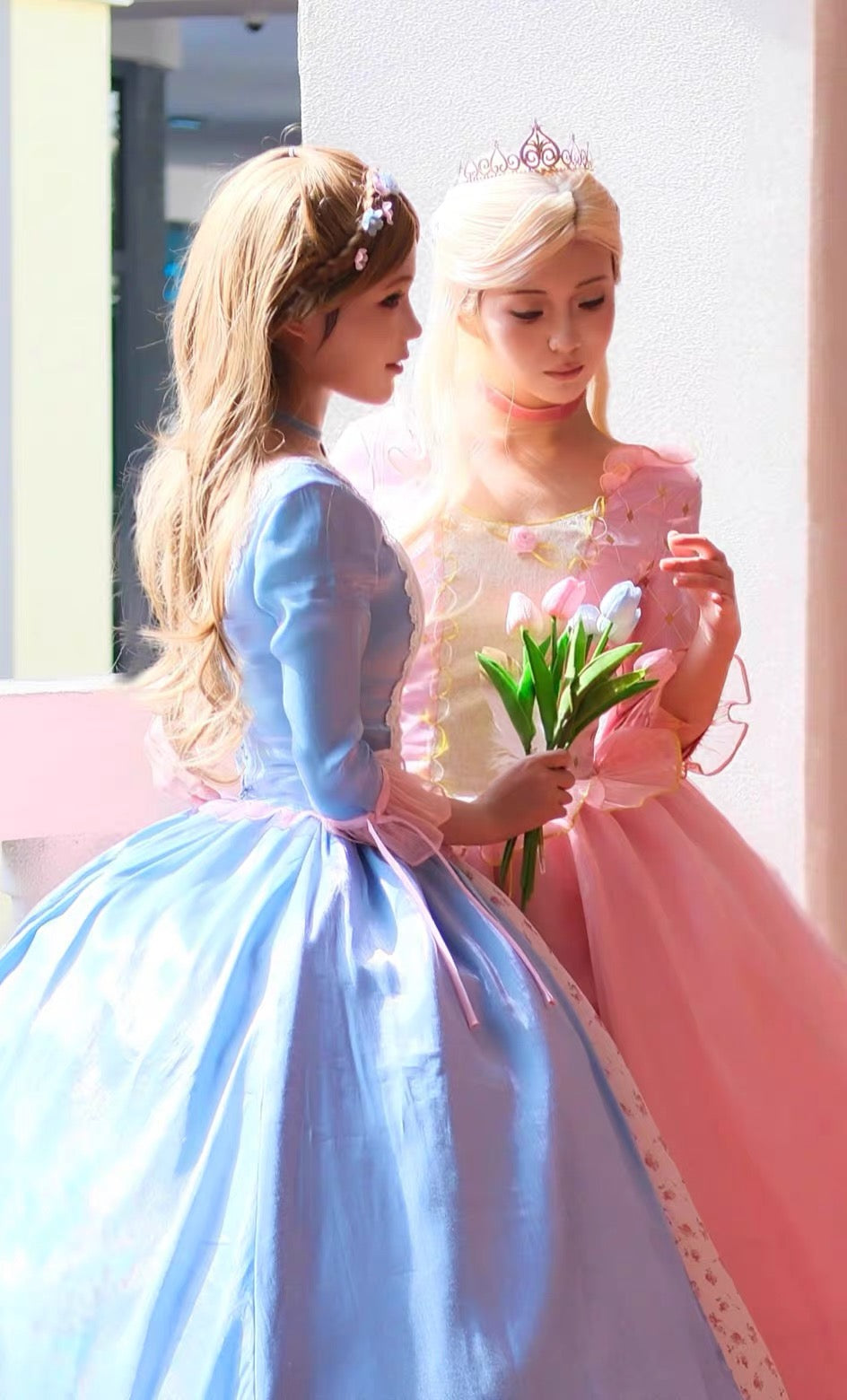 Barbie Princess and the Pauper costume set with Anneliese pink princess dress and Erika blue gown real show