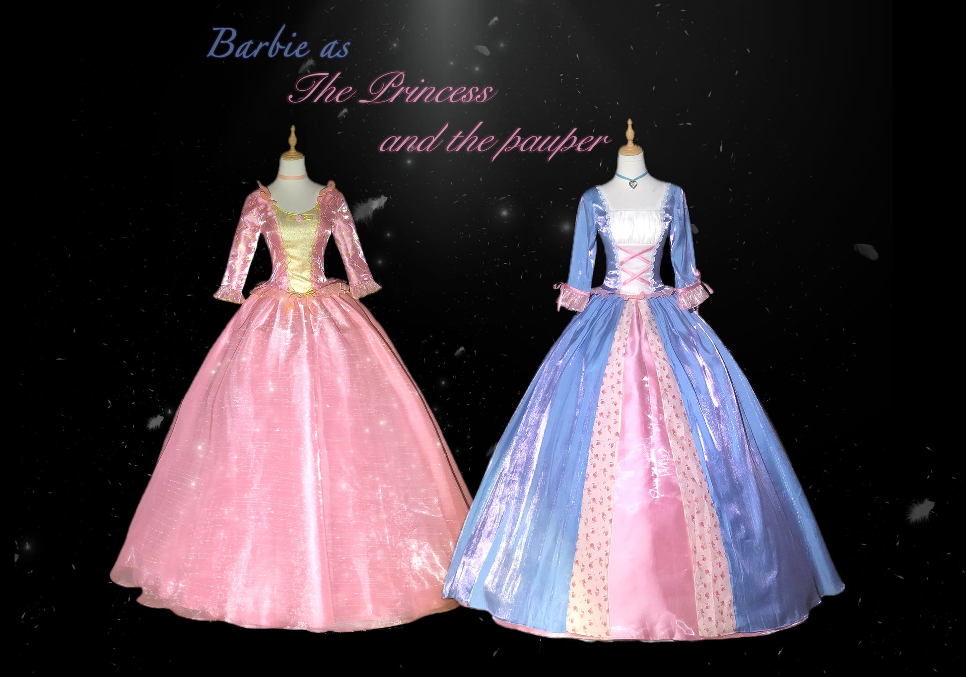 Barbie Princess and the Pauper costume set with Anneliese pink princess dress and Erika blue gown