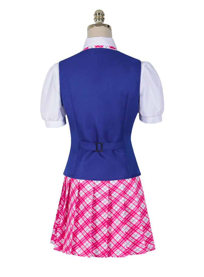 Barbie Princess Charm School uniform costume back view with blue vest and skirt