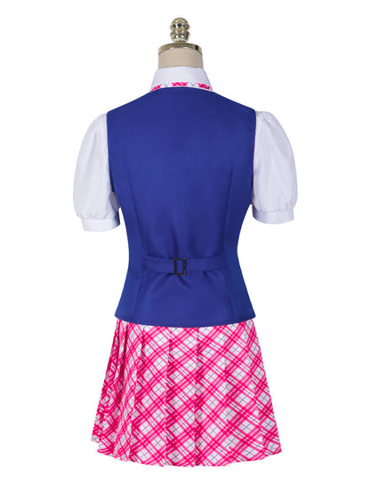 Barbie Princess Charm School uniform costume back view with blue vest and skirt