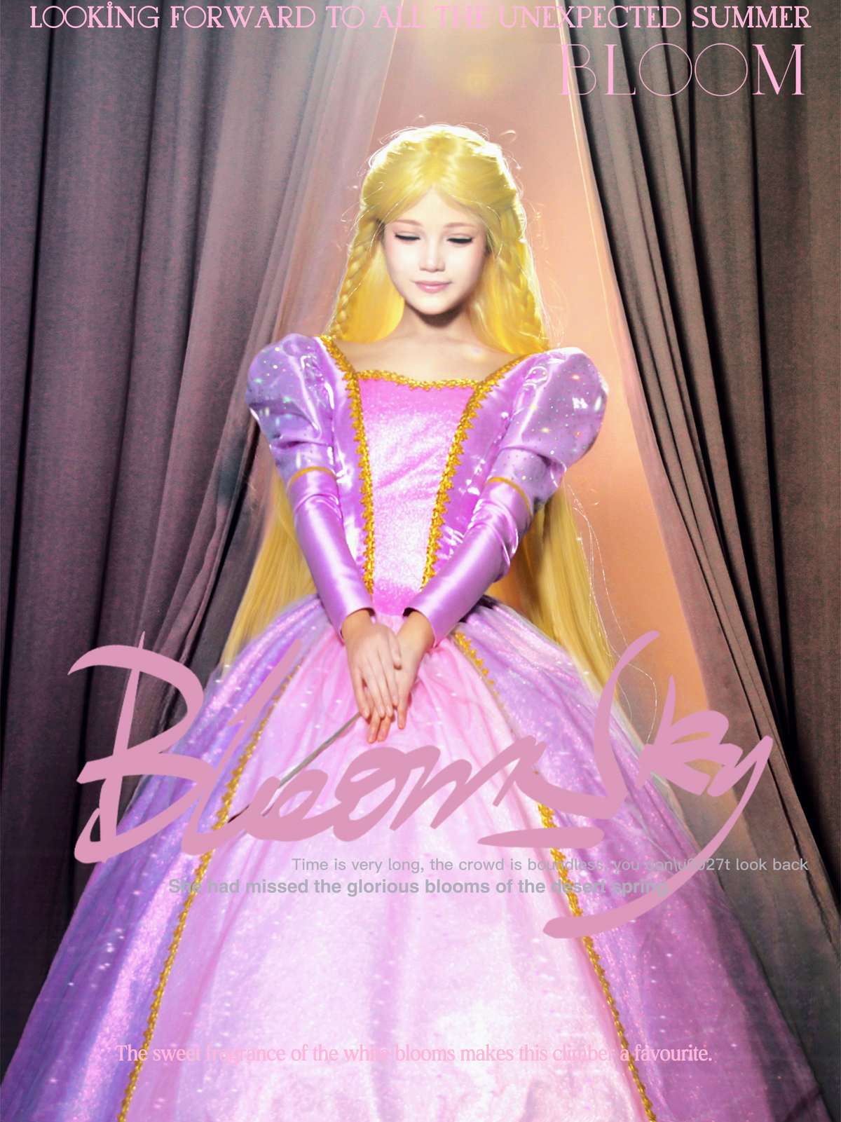 Front view of a model wearing the Barbie as Rapunzel cosplay costume
