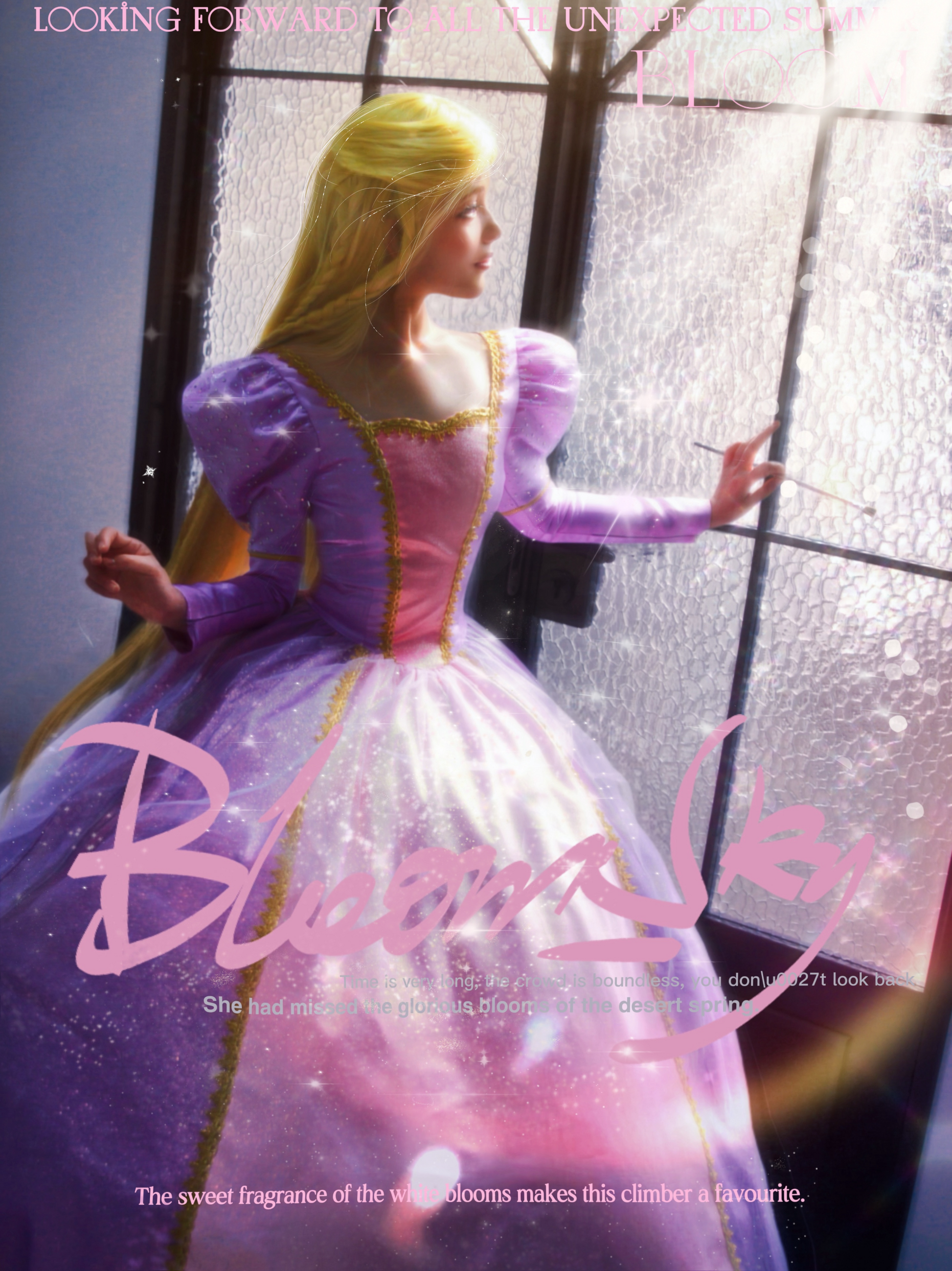 Back view of the Barbie Rapunzel cosplay dress with long blonde hair