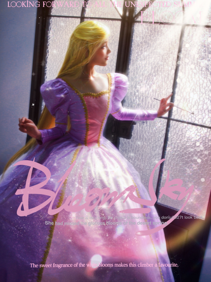 Back view of the Barbie Rapunzel cosplay dress with long blonde hair