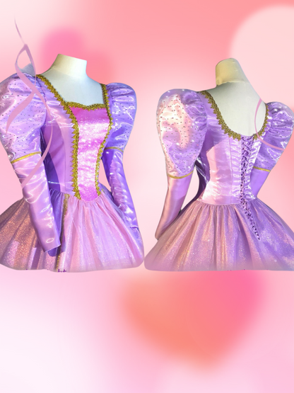 Front and back views of the Barbie Rapunzel princess dress costume