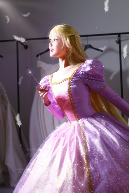 Side view of a model wearing the purple Barbie Rapunzel princess dress