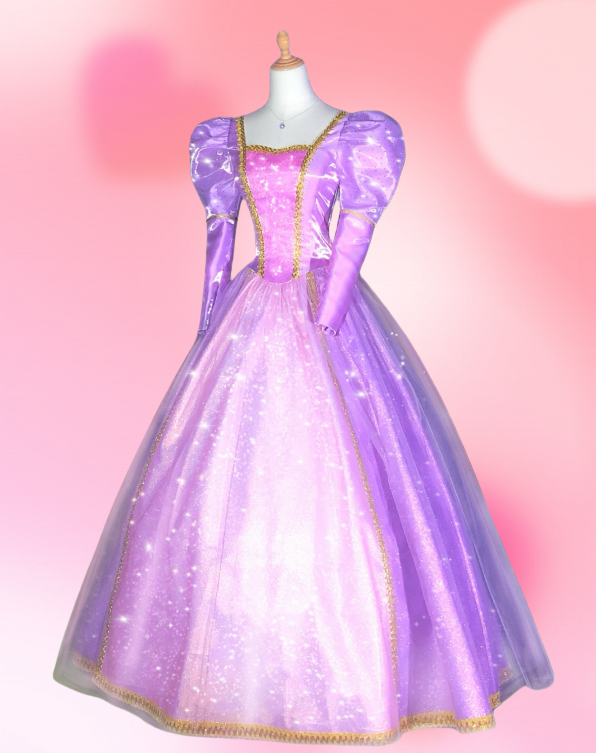 Front view of the Barbie as Rapunzel purple princess cosplay dress