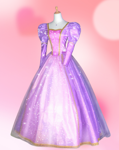 Front view of the Barbie as Rapunzel purple princess cosplay dress