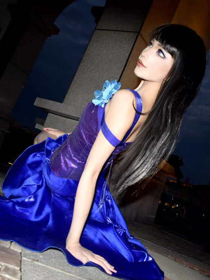 Side pose of Barbie A Fairy Secret Raquelle cosplay costume with flowing blue skirt