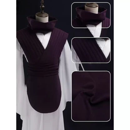 Choso cosplay costume with close-up views of the purple scarf, quilted neckline, and fabric texture