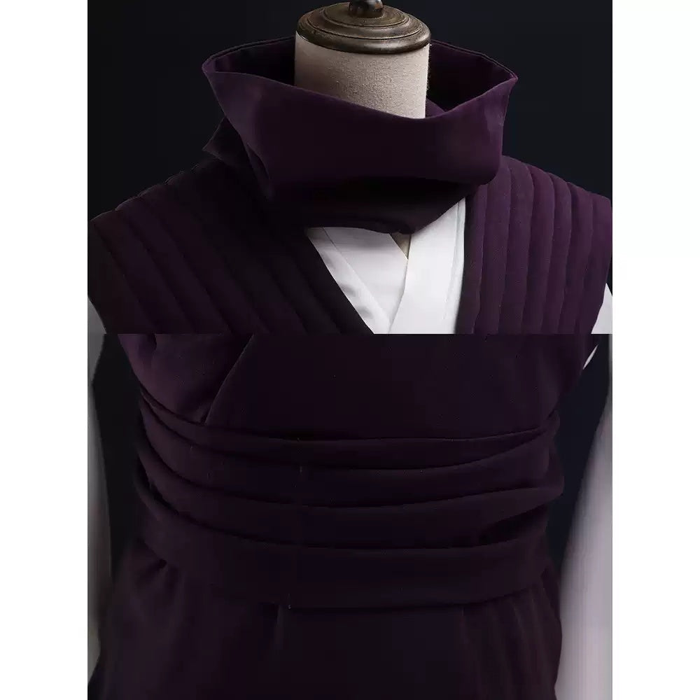 Close-up of the purple scarf, crossover neckline, and layered waist sash on Choso's cosplay costume