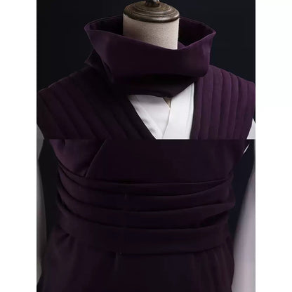 Close-up of the purple scarf, crossover neckline, and layered waist sash on Choso's cosplay costume