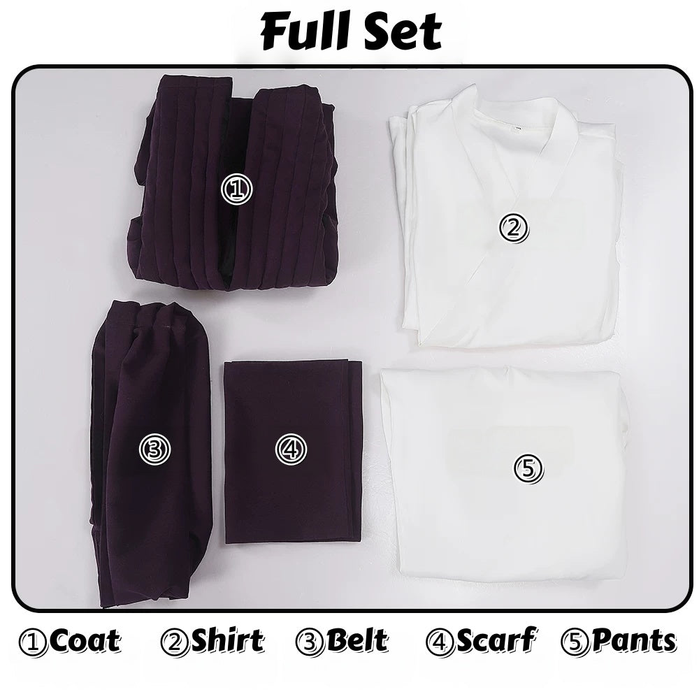 Choso cosplay set including purple outer garment, white shirt, waist sash, scarf, and white pants