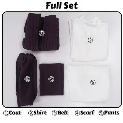 Choso cosplay set including purple outer garment, white shirt, waist sash, scarf, and white pants