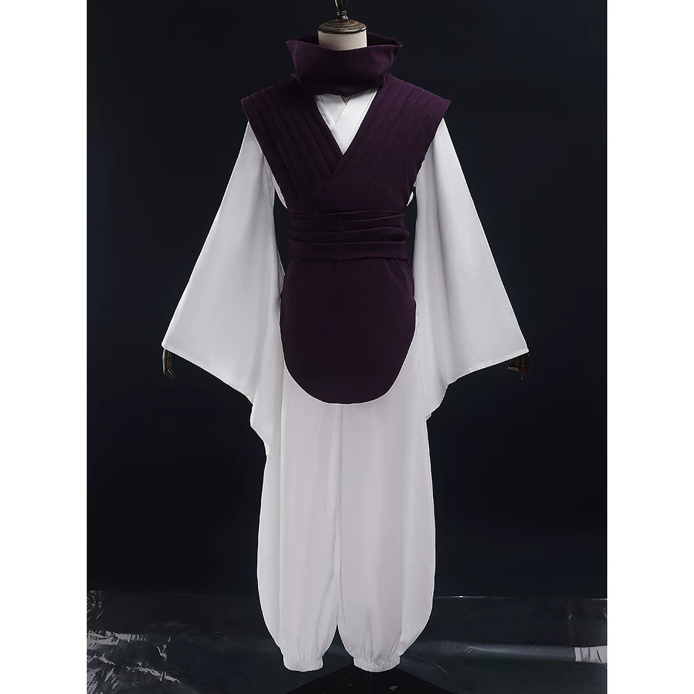 Front view of Choso cosplay costume with purple outer garment, scarf, waist sash, white shirt, and loose white pants