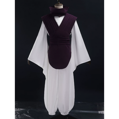 Front view of Choso cosplay costume with purple outer garment, scarf, waist sash, white shirt, and loose white pants