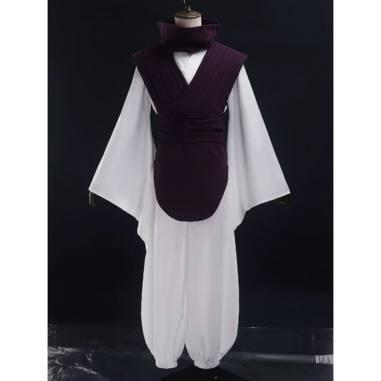 Front view of Choso cosplay costume with purple outer garment, scarf, waist sash, white shirt, and loose white pants