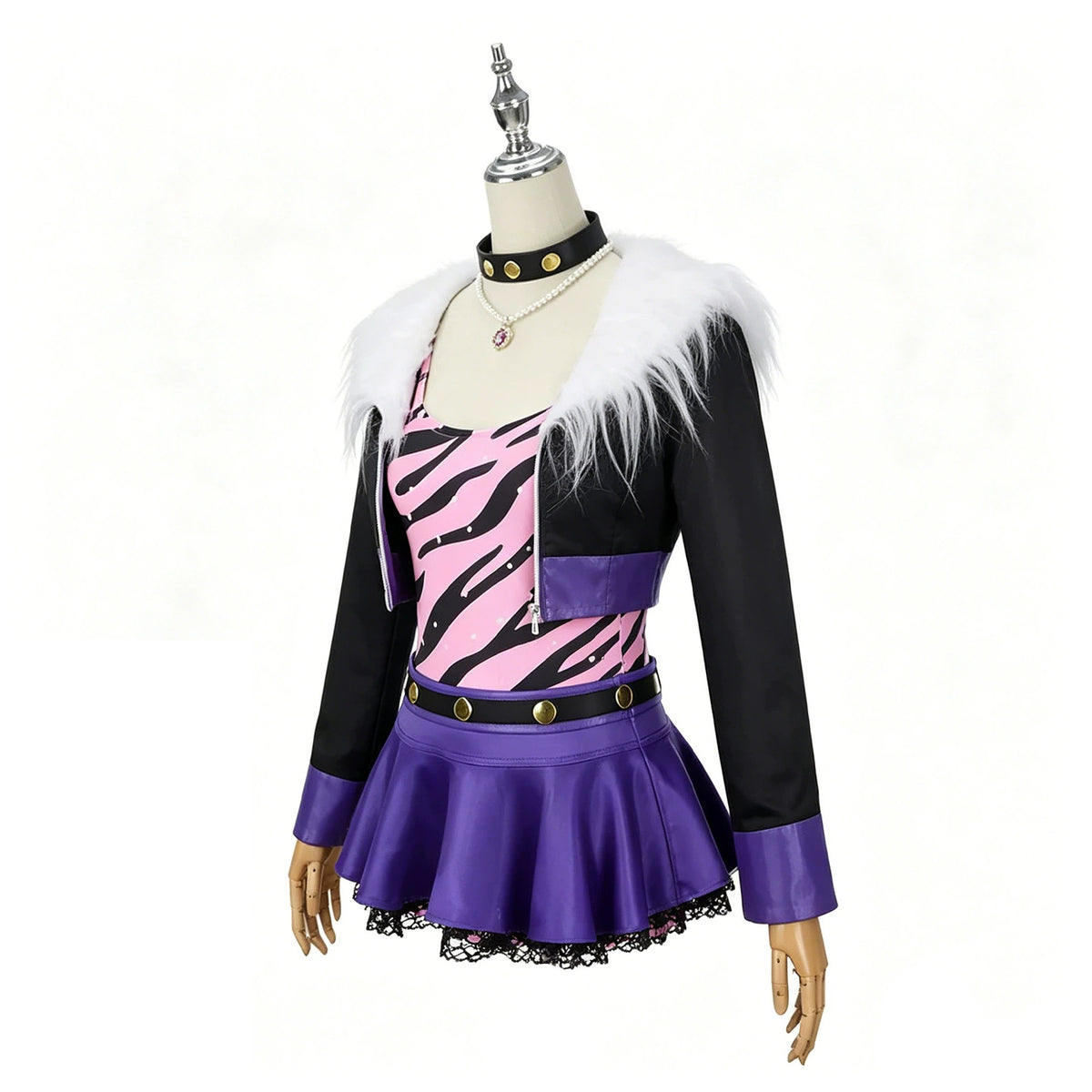 Angled view of the Clawdeen Wolf cosplay outfit showing the pink tiger print and purple jacket cuffs
