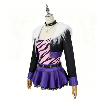 Angled view of the Clawdeen Wolf cosplay outfit showing the pink tiger print and purple jacket cuffs