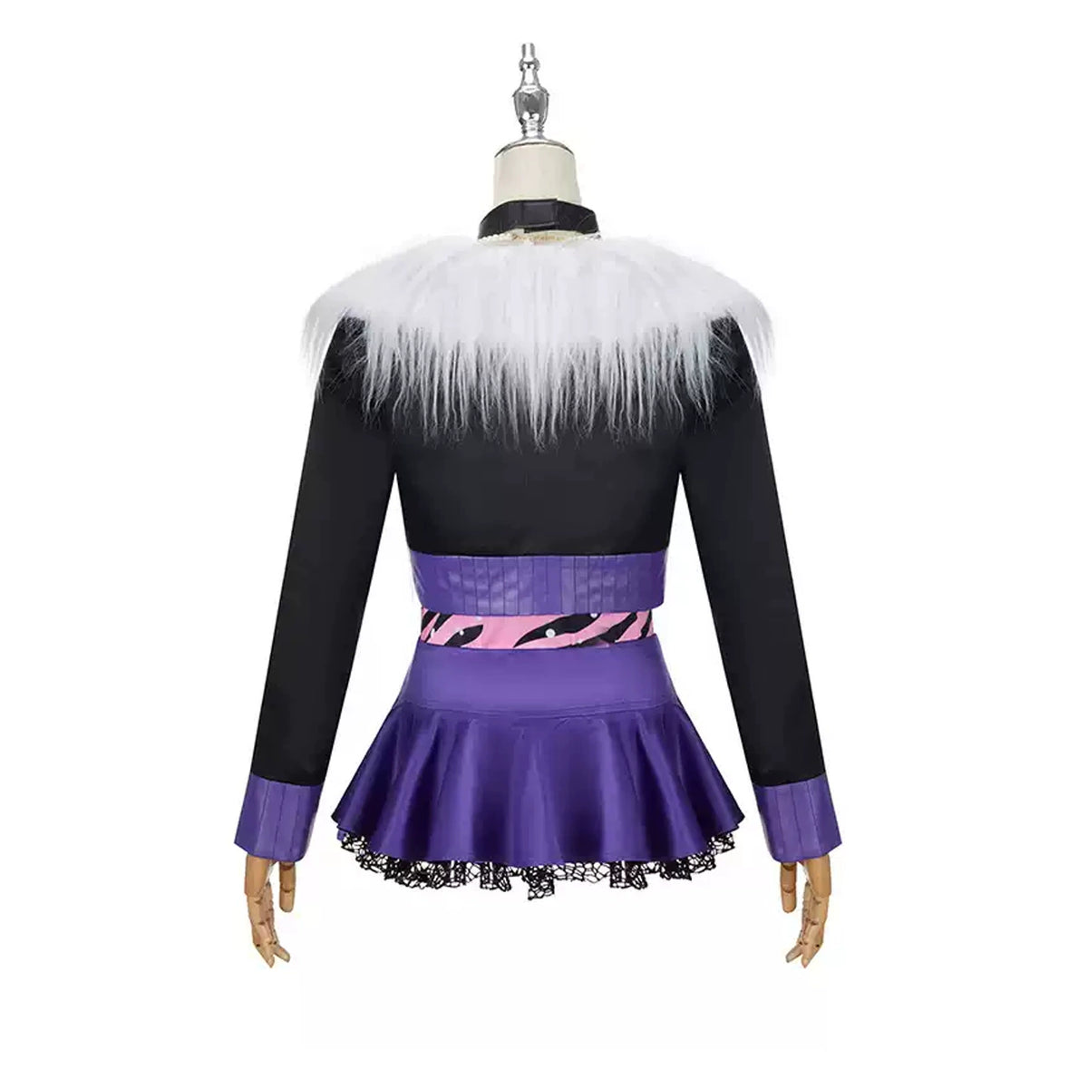 Back view of the cropped black jacket with fluffy white trim and purple cosplay skirt