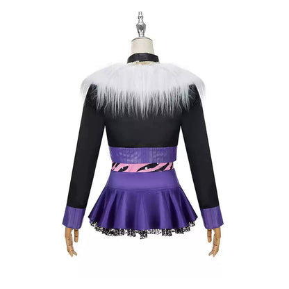 Back view of the cropped black jacket with fluffy white trim and purple cosplay skirt