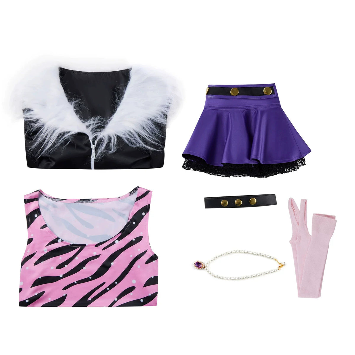 Flat lay of the black jacket, pink tiger-striped top, purple skirt and coordinating cosplay accessories