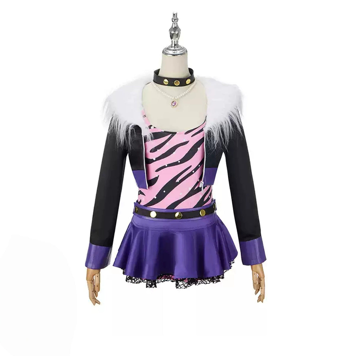Front view of a Clawdeen Wolf classic cosplay outfit with a pink tiger-striped top, black jacket and purple skirt