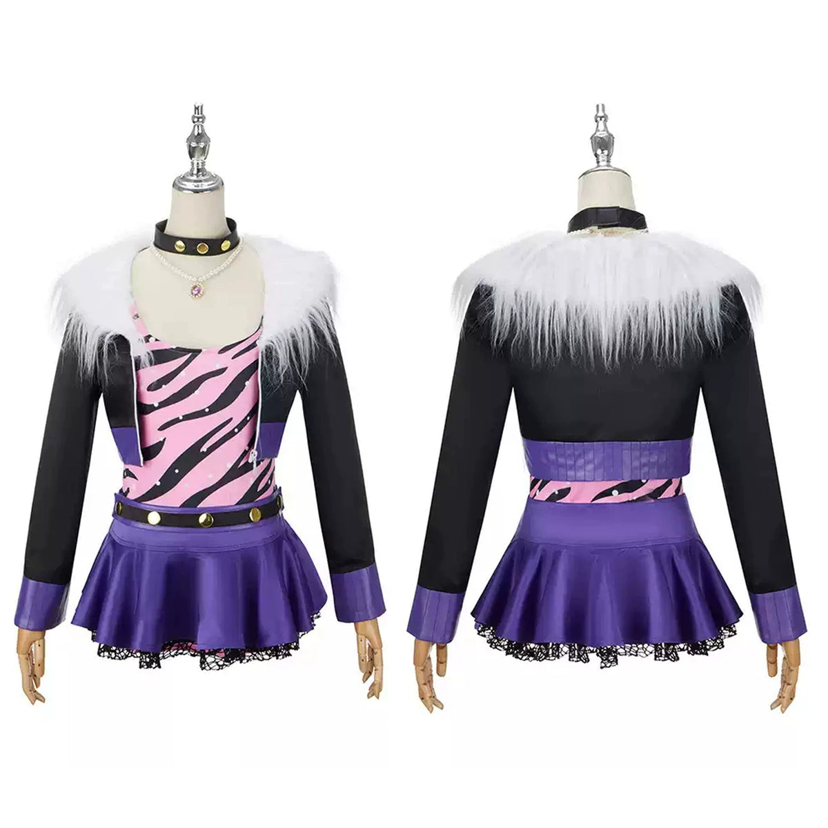 Front and back views of the Clawdeen Wolf classic cosplay costume with a white-trimmed black jacket
