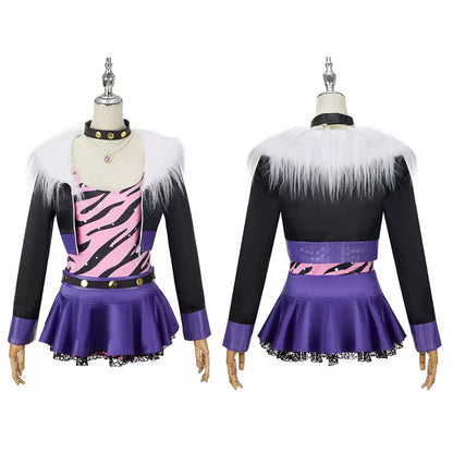 Front and back views of the Clawdeen Wolf classic cosplay costume with a white-trimmed black jacket