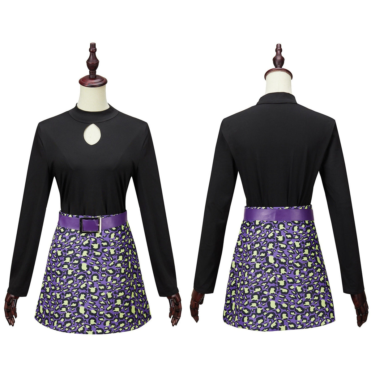 Front and back views of a black keyhole top and purple leopard-print skirt
