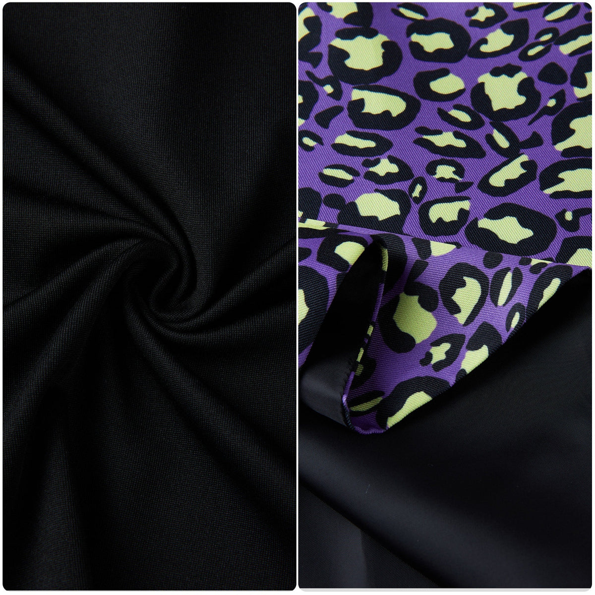 Close-up of black top fabric and purple leopard-print skirt fabric with lime-green accents